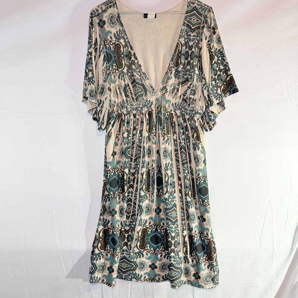 Cocomo Womens Teal‎ Brown Paisley Medallion Boho Empire Waist V-Neck Mini Dress